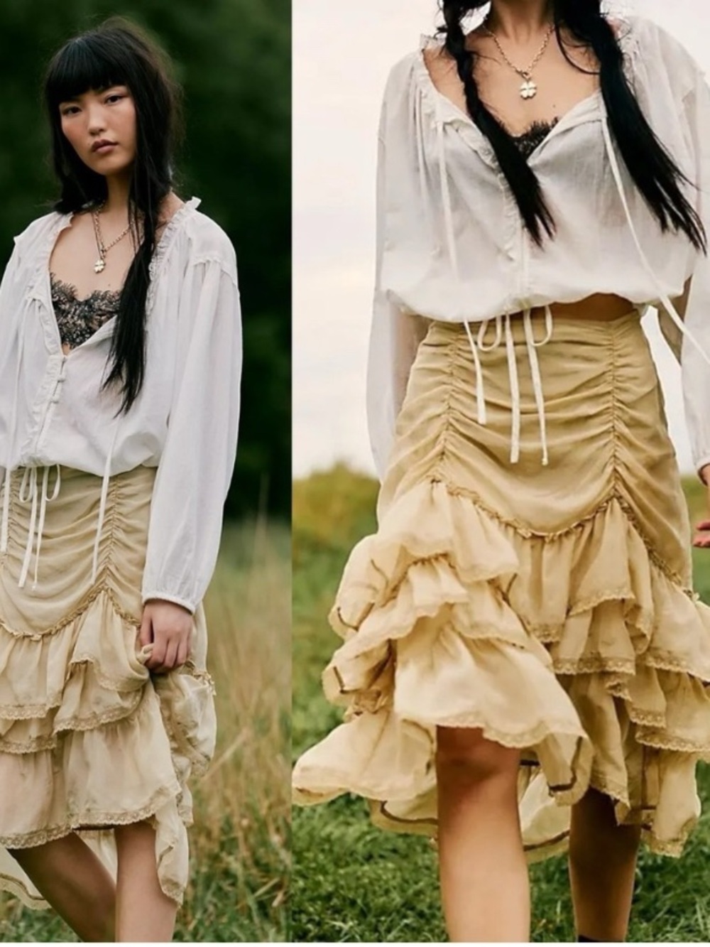 Free People Tiered Ruffle Midi Skirt in Beige